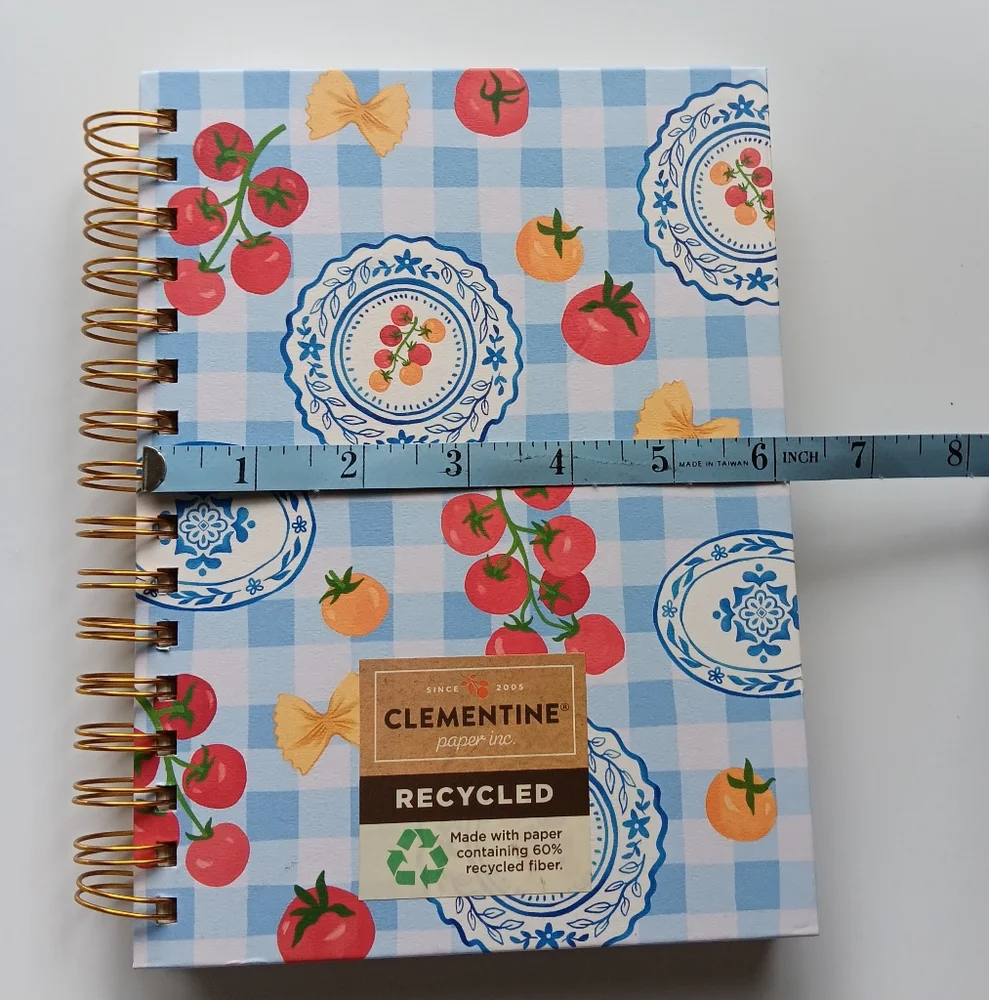 New Clementine Spiral-Bound Notebook Lined Plaid Tomatoes Pasta Food Blue White